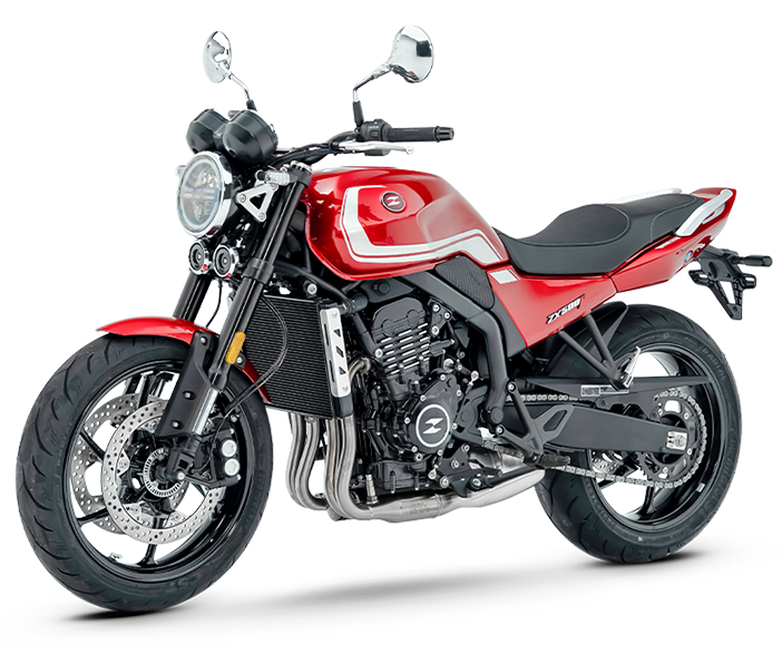 Red ZXMOTO 500F | Product View Facing Left Red ZXMOTO 500F with silver tank detailing, a round headlight and black wheels, angled left.