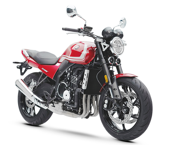 Red ZXMOTO 500F | Product View Facing Right Red ZXMOTO 500F with a round headlight, silver tank graphics and a chrome-finished exhaust, angled right.