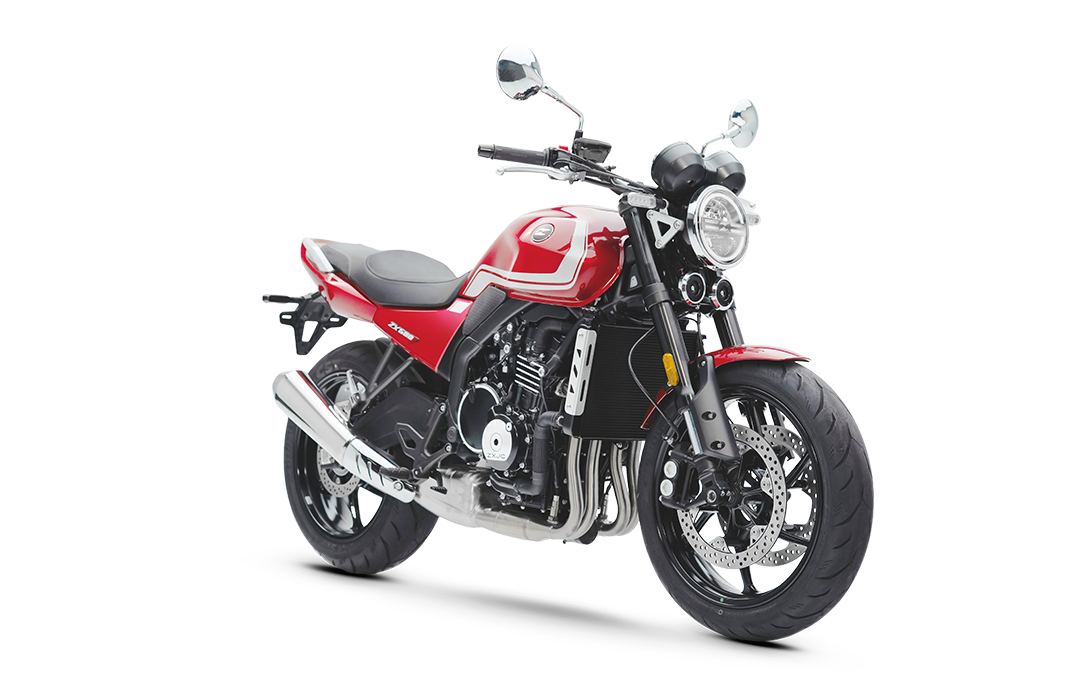 Red ZXMOTO 500F with a round headlight, silver tank detailing and a bright metal exhaust, angled right.