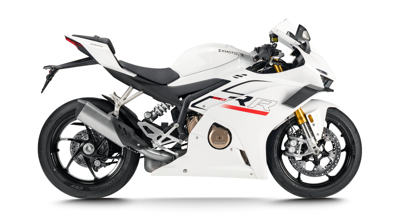 White ZXMOTO 500RR sport motorcycle with dark graphics and red accents, shown in a right-facing side profile.