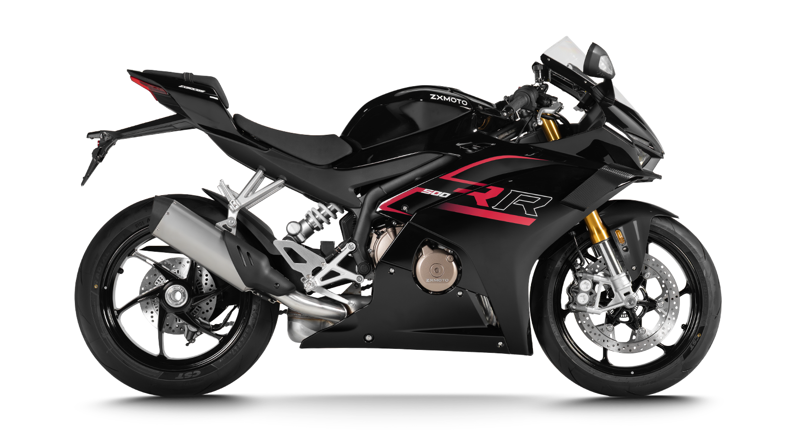 Black ZXMOTO 500RR sport motorcycle with red fairing accents and a silver exhaust, shown in a right-facing side profile.