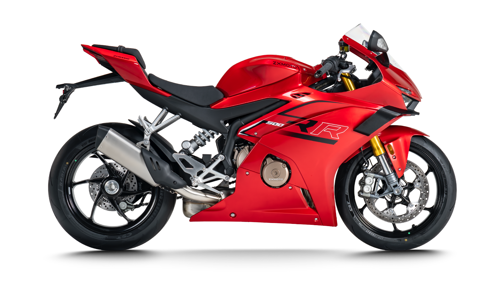 Red ZXMOTO 500RR sport motorcycle with dark graphics and a silver exhaust, shown in a right-facing side profile.