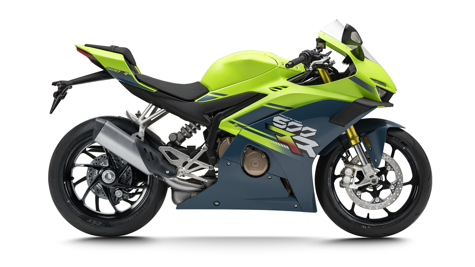 Lime-green and dark ZXMOTO 500RR sport motorcycle in a right-facing side profile, with black wheels and a silver exhaust.
