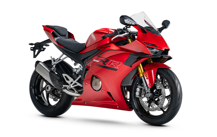 Red ZXMOTO 500RR sport motorcycle with full fairings, a clear windscreen and a silver exhaust, angled right.