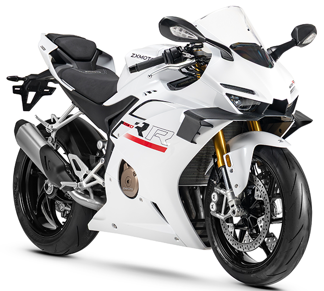 White ZX Moto 500RR sportbike with red graphics, black front winglets and gold forks.
