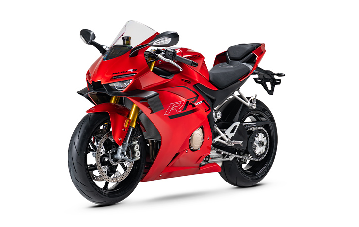 Red ZXMOTO 500RR sport motorcycle with angular fairings, a clear windscreen and gold front forks, angled left.