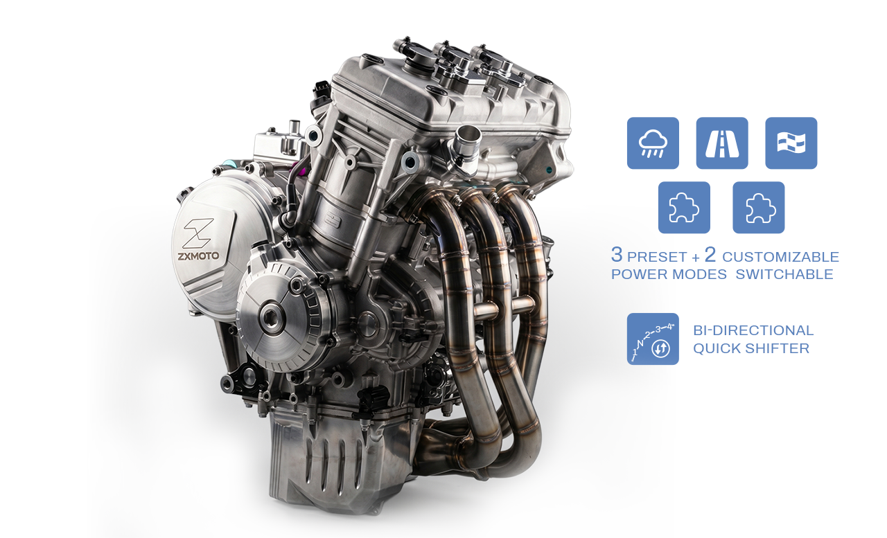 820RR engine illustration with labels for three preset and two customisable power modes and a bidirectional quickshifter.