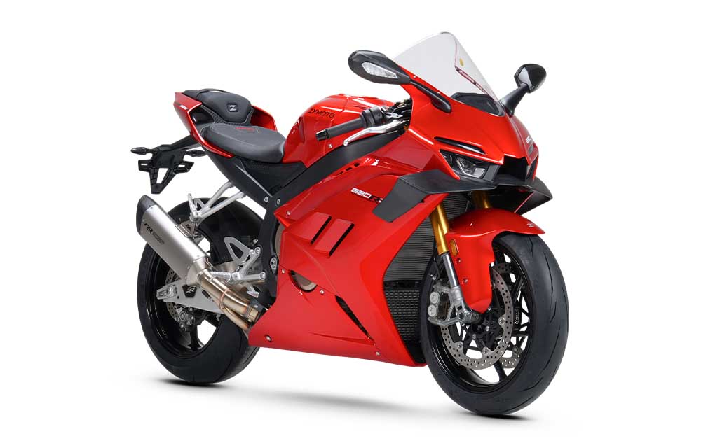 Red ZXMOTO 820RR sport motorcycle with full fairings, gold front forks and a silver exhaust, angled right.