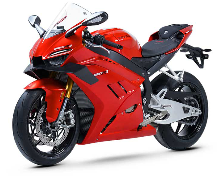 Red ZXMOTO 820RR sport motorcycle with angular fairings, a clear windscreen and gold front forks, angled left.