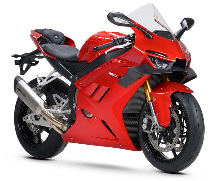 Red ZXMOTO 820RR sport motorcycle with a clear windscreen, gold forks and a silver exhaust, angled right.