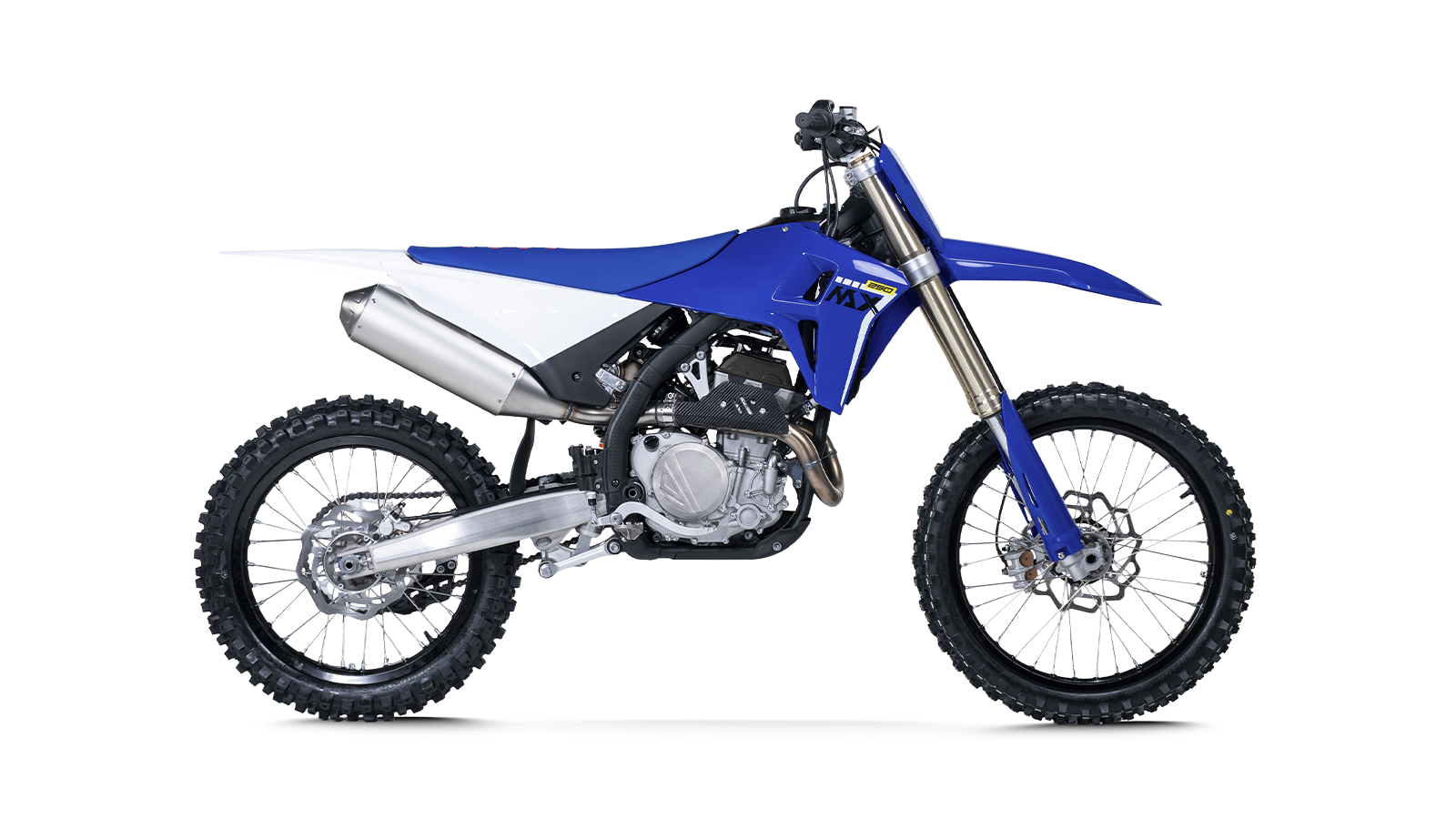 Blue and white ZXMOTO motocross motorcycle in a right-facing side profile, with spoked wheels and knobbly tyres.