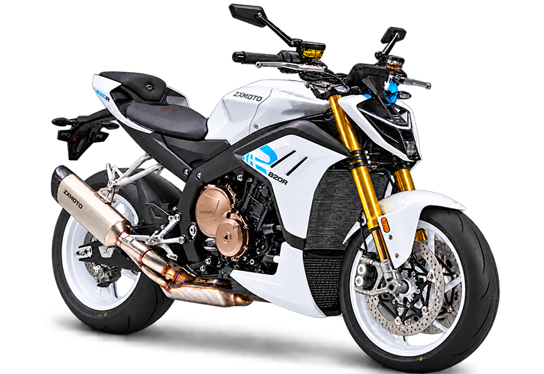 White ZXMOTO naked motorcycle with blue graphics, gold front forks and white wheels, angled to the right.