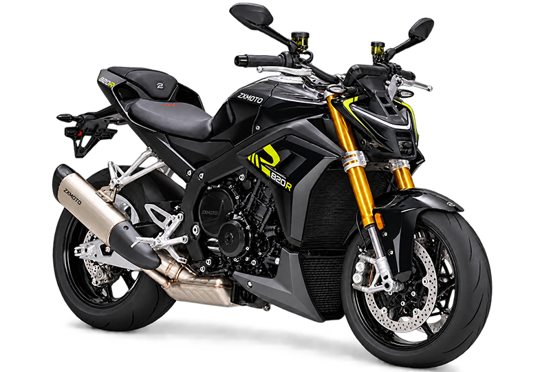 Black ZXMOTO naked motorcycle with yellow graphics, gold front forks and black wheels, angled to the right.