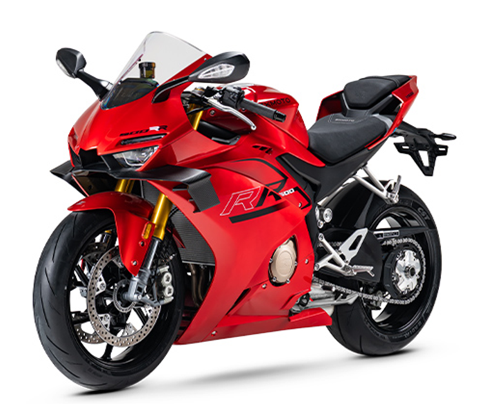 Red ZXMOTO 500RR sport motorcycle with angular fairings, a clear windscreen and gold front forks, angled left.