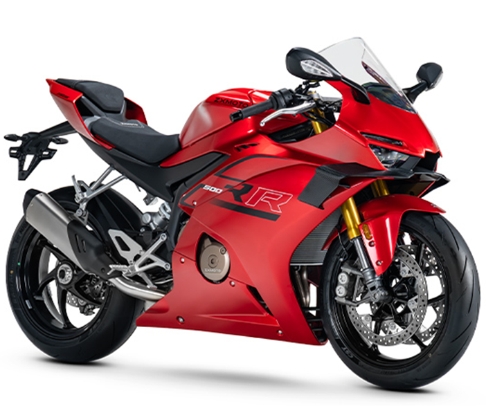 Red ZXMOTO 500RR sport motorcycle with full fairings, a clear windscreen and gold front forks, angled right.