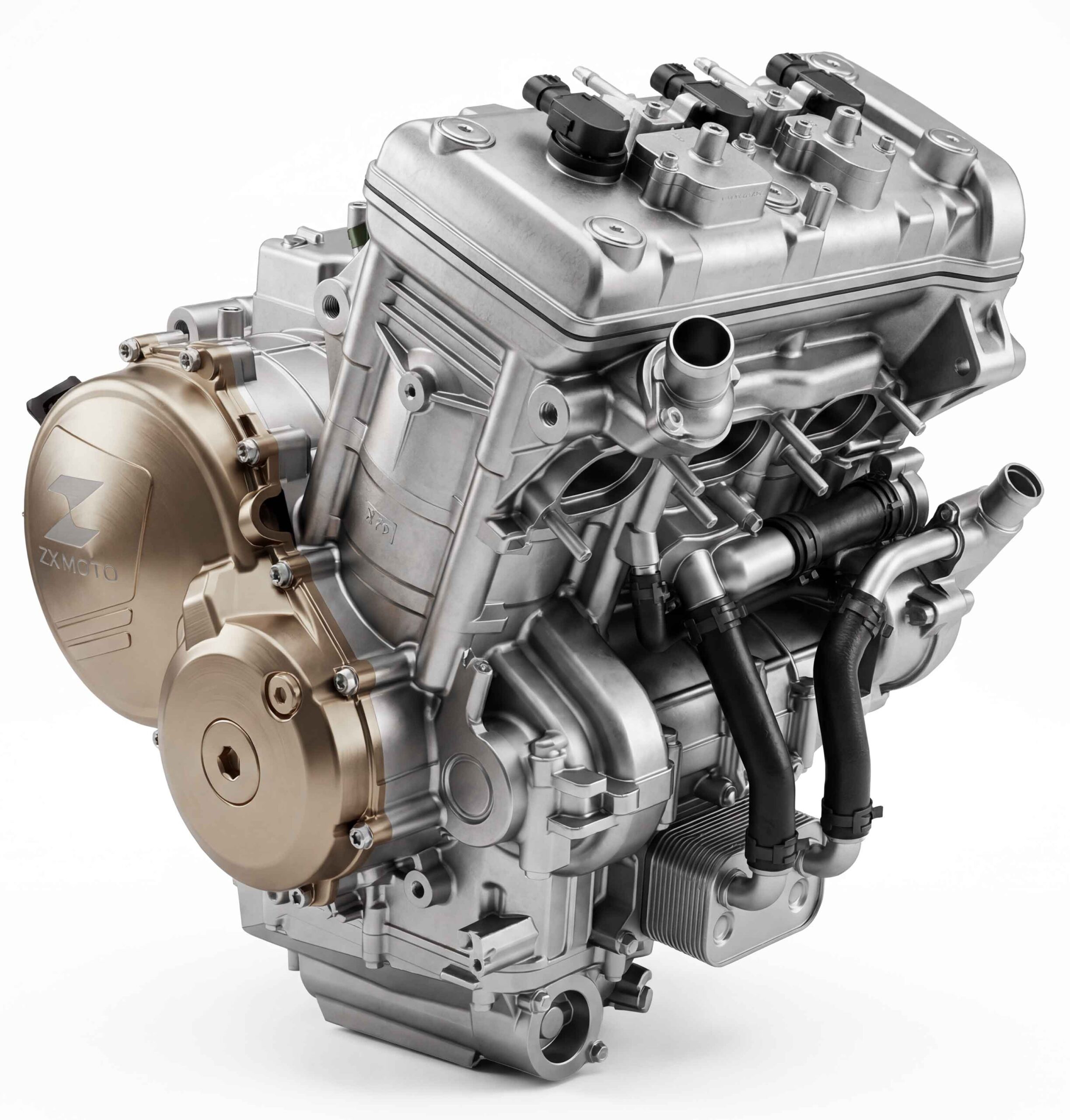 ZX Moto ZX820 Three-Cylinder Engine – Close-Up ZX Moto ZX820 three-cylinder engine with silver casing, bronze side covers and black hoses.