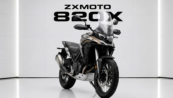 ZXMOTO 820X | Studio Display Dark ZXMOTO 820X adventure motorcycle on a reflective studio floor beneath ZXMOTO 820X lettering.