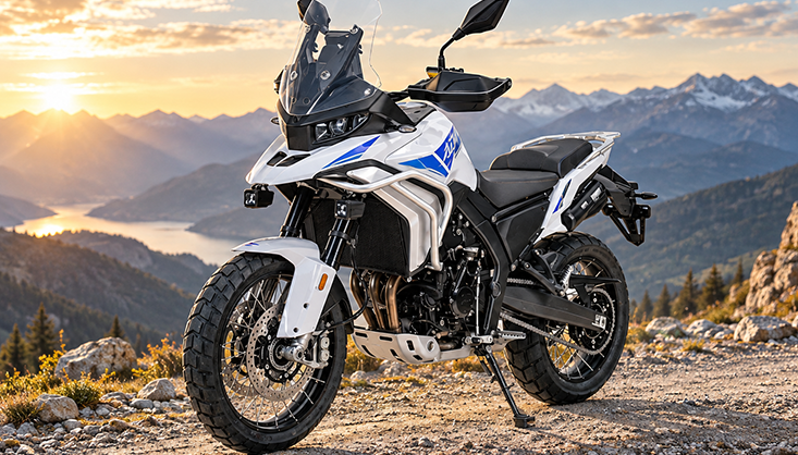 White and blue ZXMOTO 820X parked on a rocky mountain overlook above a lake at sunset.