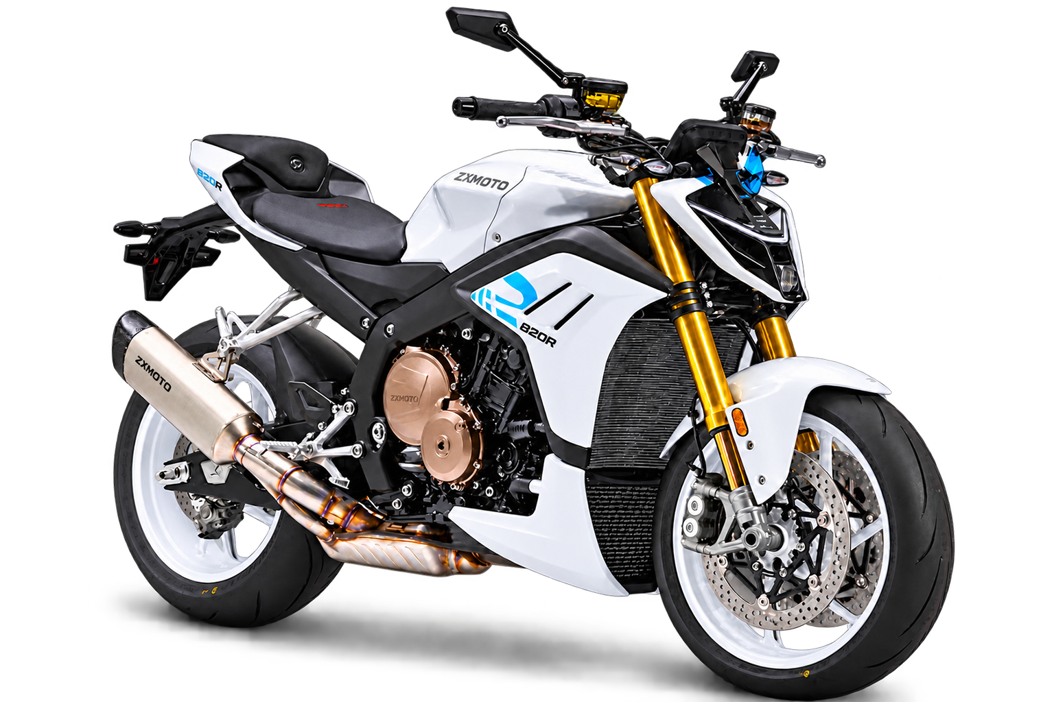 White ZXMOTO 820R naked motorcycle with blue graphics, gold front forks and white wheels, angled to the right.