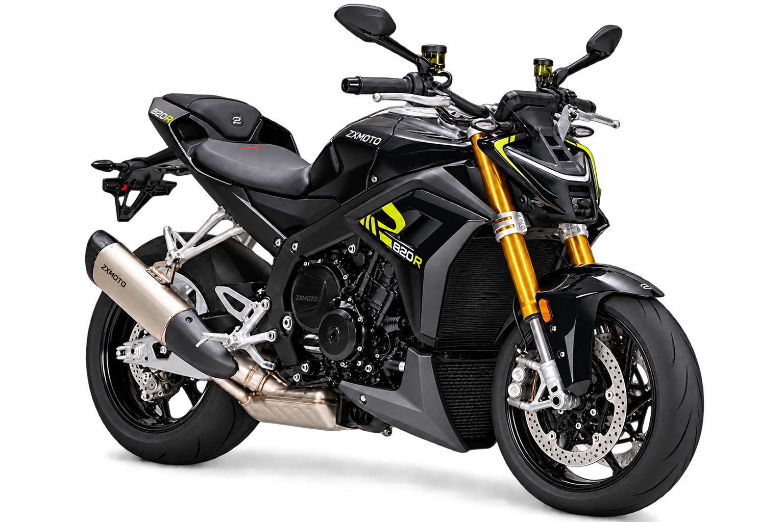Black ZXMOTO 820R naked motorcycle with yellow graphics, gold front forks and a silver exhaust, angled right.