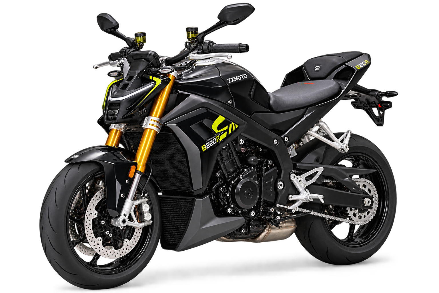 Black ZXMOTO 820R naked motorcycle with yellow accents and gold front forks, angled to the left.