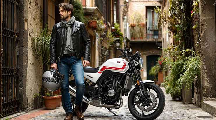 White ZX Moto 500F retro-style naked motorcycle with red tank stripes and a round headlight.